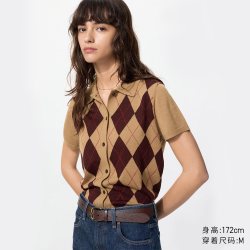 精纺美利奴羊毛混纺POLO领针织开衫短袖优衣库女装T恤毛衣488333