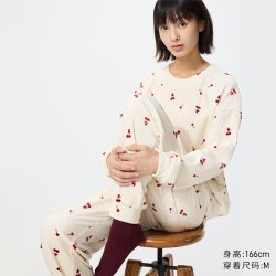 高弹力柔软印花休闲套装/长袖长裤优衣库女装起居服睡衣491144