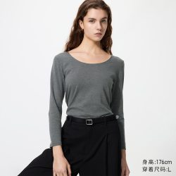 HEATTECH棉混纺U领T恤/8分袖优衣库女装保暖衣秋衣内衣485830