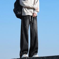 港仔文艺男 泼墨牛仔裤男2026新款秋季日系宽松直筒阔腿工装裤子青少年