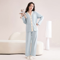 芬腾 睡衣女纯棉秋季新款撞色V领小熊外穿柔软长袖家居服套装 浅蓝 XL