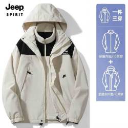 JEEP SPIRIT 吉普 冲锋外套男女同款情侣三合一两件套夹克外套防风衣棉服 3658冲锋衣男象牙白 2XL