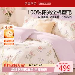 水星家纺 A类抑菌全棉磨毛四件套 100%棉秋冬保暖床单枕套被罩套件纯棉被套 繁花·花映熙(梦幻紫)