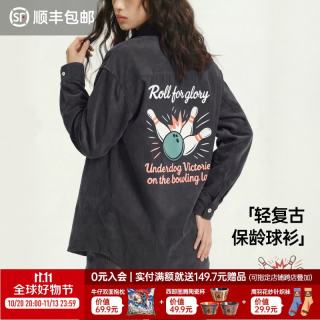 马登 黑色复古桃皮绒古巴领衬衫印花外套长袖上衬衣内搭叠穿女士秋季 黑色  M （100-120斤）