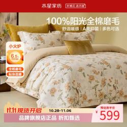 水星家纺 A类抑菌全棉磨毛四件套 纯棉秋冬发热保暖居家床单枕套被罩套件 花鸟雅集·乔枝 1.2米床 床