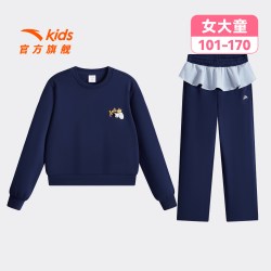 安踏 儿童女童运动套装2026冬新款保暖舒适中大童加绒休闲卫衣长裤
