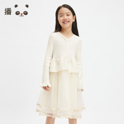 broadcute 播broadcute童装女童连衣裙网纱拼接蓬蓬裙羊毛长袖公主裙春秋季