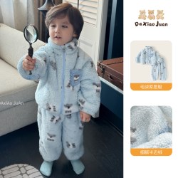 大小卷儿 童家居服冬季男女童珊瑚绒加厚保暖套装中小童豹纹睡衣冬