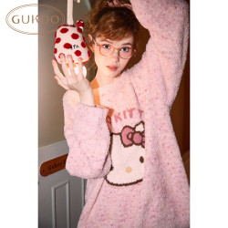 果壳 睡衣女秋冬半边绒睡衣HelloKitty可爱女士家居服套装 浅粉红 M