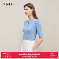 AMII 2026秋新款轻国风扭结镂空中袖毛针织衫女双曲纱五分袖上衣 浅蓝 L