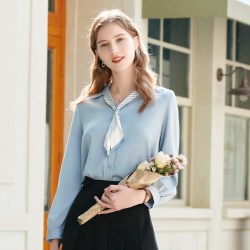 百图 女装2026年春秋新款飘带长袖衬衫V领上衣OL职业通勤衬衣