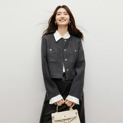 红袖 秋季女装香风正肩直身单排扣圆领外套