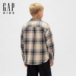 Gap 男童秋季纯棉法兰绒 格纹翻领衬衫 咖色格纹 120 /64(6-7岁)