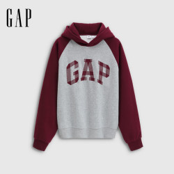 Gap 男女装春款logo抓绒撞色插肩袖宽松连帽衫卫衣 浅灰色