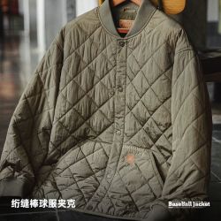 马登 工装美式休闲绗缝棒球服夹克棉衣菱形格加厚保暖棉服外套男冬款