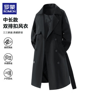 罗蒙 中长款双排扣风衣男士春秋季微宽系带翻领休闲通勤夹克外套 黑XL
