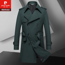 皮尔·卡丹 皮尔卡丹墨绿色大翻领中长款大衣外套男肩章腰带修身双排扣尼克服风衣大码 墨绿色 M