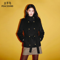 太平鸟女装短款大衣烟囱立领拿破仑毛呢外套冬季小个子 黑色 L