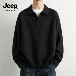 JEEP SPIRIT 卫衣男春秋新款织条老钱风假两件重磅外套休闲上衣ZH011黑色XL