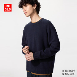 优衣库 柔软绵羊毛圆领针织衫/长袖男装女装/毛衣毛衫486071 69 藏青色 L