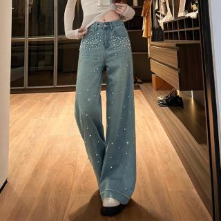 EF 复古重工钉珠高腰直筒牛仔裤女2026秋季显瘦拖地阔腿裤子女