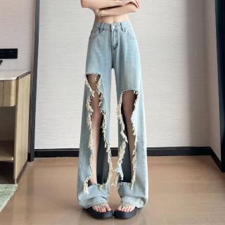 卡邦尼 大破洞毛边阔腿牛仔裤女夏季新款高腰直筒透气宽松乞丐垂感拖地裤