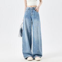 町缇 卡通皮标牛仔裤女春秋元气减龄通勤百搭阔腿裤子