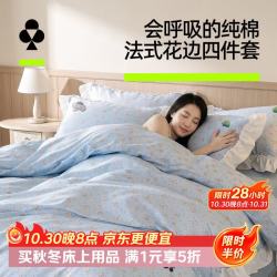 YOUKESHU A类全棉法式花边刺绣四件套 100%纯棉三件套学生宿舍床单被套床笠