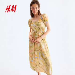H&M 女装连衣裙夏季原野浪漫风泡泡袖度假风府绸植物印花裙