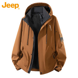 Jeep 夹克男士外套秋冬季休闲连帽宽松冲锋工装衣服男装 棕色 XL