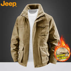 Jeep 美国吉普棉服外套男冬季加绒加厚羊羔绒保暖男士棉衣中老年男装 卡其色