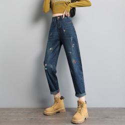 TERRE BLEUE 高腰老爹牛仔裤女秋新款显瘦百搭设计感刺绣翻边小个子九分裤子