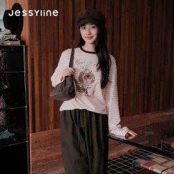 JESSYLINE 杰茜莱2026秋新款粉色卡通印花长袖T恤女松弛感条纹上衣