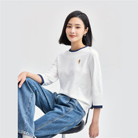移动端：佐丹奴 T恤女纯棉套头衫猫咪刺绣撞色圆领七分袖上衣05324798