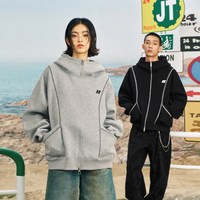 丛林老虎 辑明线廓形拉链高领卫衣美式高街运动休闲百搭连帽开衫男 雪花灰 S