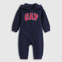 Gap 婴儿秋款logo抓绒连帽开裆连体衣童装爬服 海军蓝