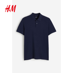 H&M 男装Polo衫夏季纯色商务通勤男士翻领短袖上衣1209183 海军蓝 S 170/92
