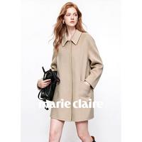 Marie Claire 秋季明线翻领宽松暗门襟中长款女式双面呢大衣