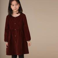 哈齿 秋冬季裙子女童礼服裙圆领灯芯绒中长裙中大童儿童长袖连衣裙春装