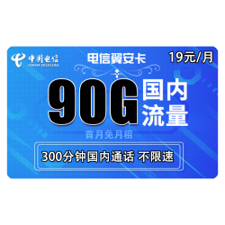 CHINA TELECOM 中国电信 翼安卡 19元每月300分钟通话+90G流量（60G通用+30G定向）送30话费