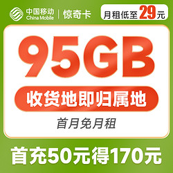 China Mobile 中国移动 惊奇卡 29元月租95G（65G通用流量+30G定向流量） 可选归属地